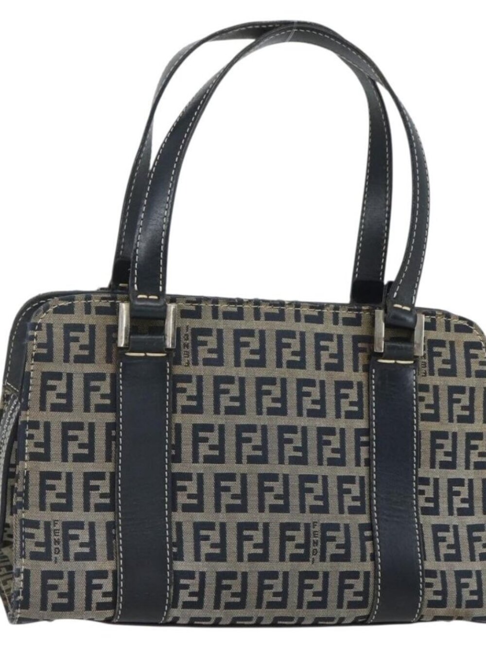 FENDI Zucchino Canvas Hand Bag Navy Silver Auth ka500